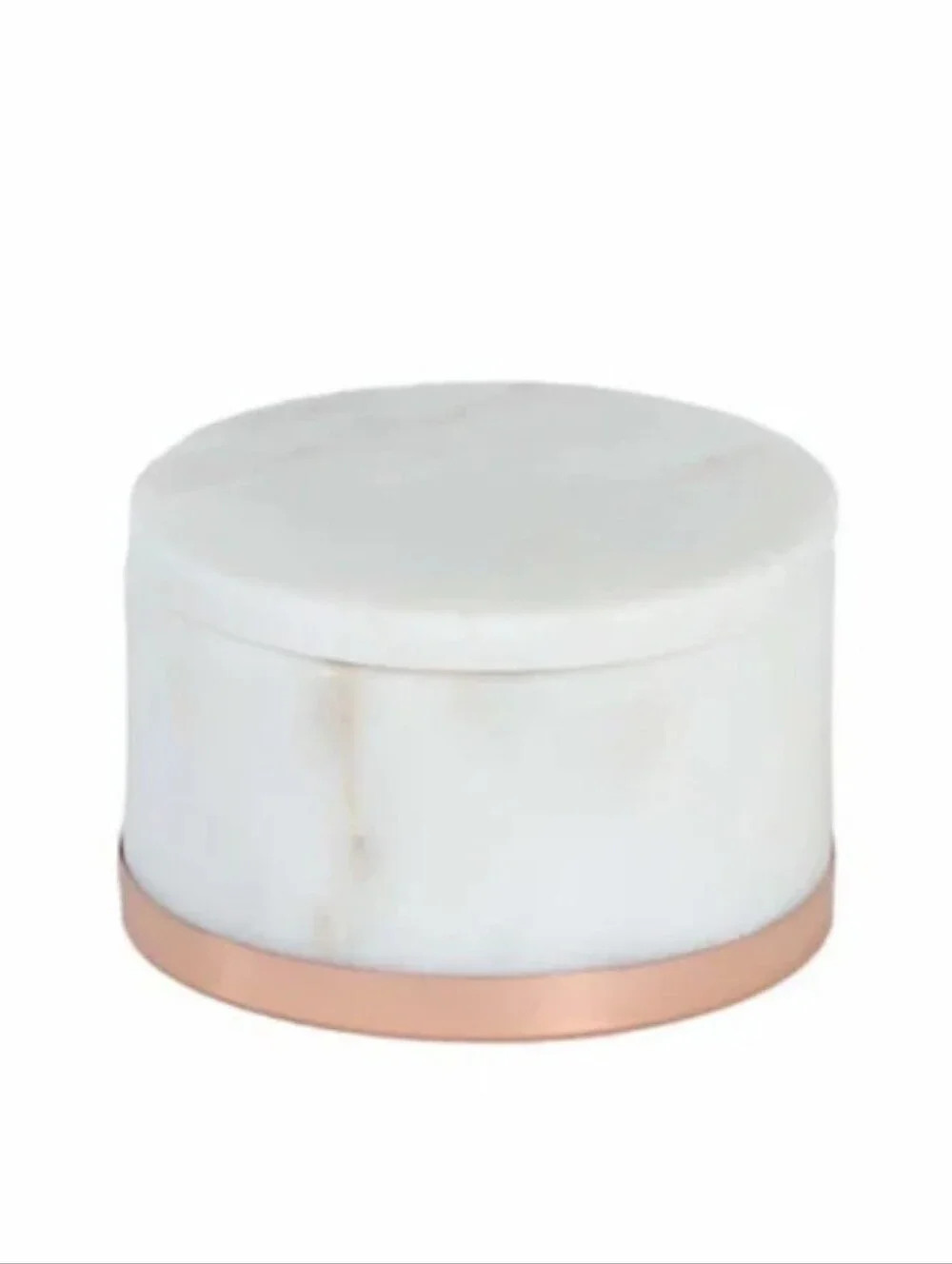 William Sonoma Round White Marble Salt & Pepper Keeper With Copper Base